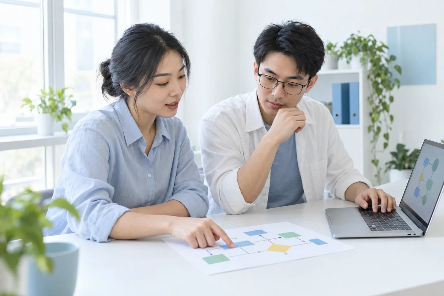 两位技术创作者在明亮工作室围绕笔记本和流程图讨论软件自动化方案